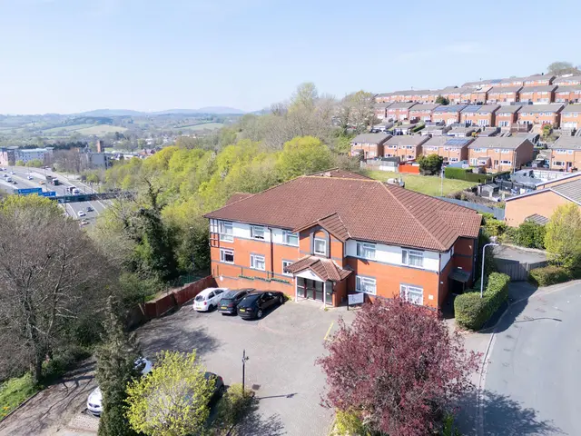 Aria Care Home from the air, with the streets of Newport around it.